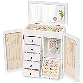 SINGBLA Jewelry Box Organizer, Farmhouse Wooden Jewelry Boxes for Women Girls, 6 Layer Jewelry Case Storage with Bracelet Holder Display Hooks for Necklaces Earrings Rings Bracelets (Weathered White)