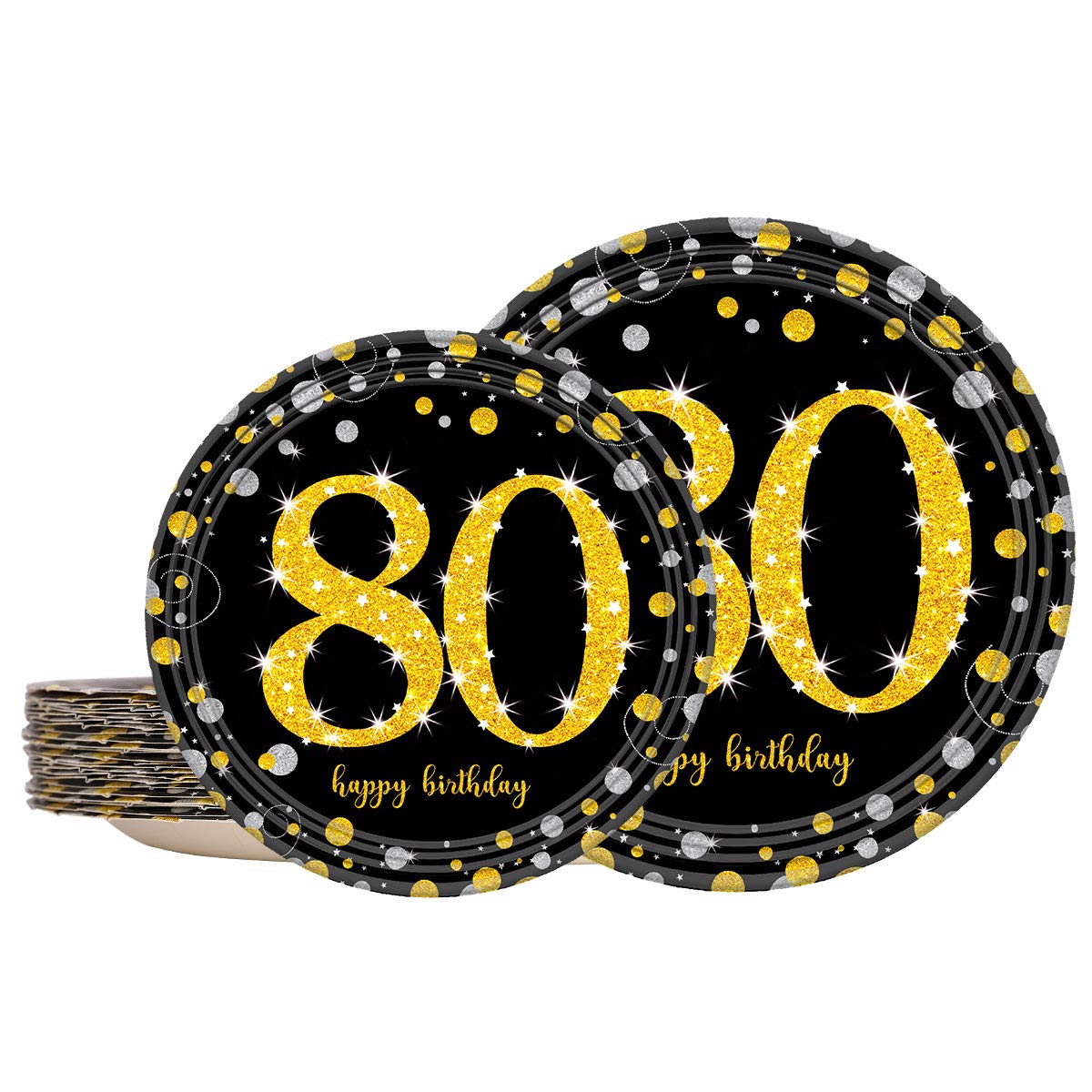 Photo 1 of Trgowaul 80th Black and Gold Birthday Decorations Party Supplies Set for Women or Men, 24 Disposable 9 X 9 Inches Paper Dinner Plates, 24 Paper 7 X 7 Inches Dessert Plates for 24 Guests