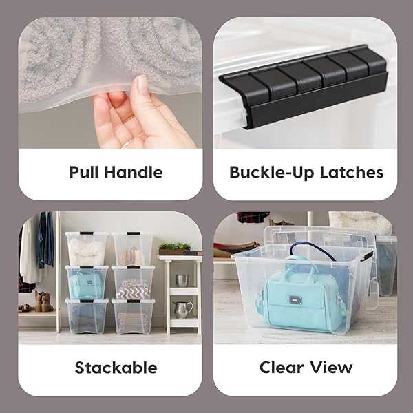 IRIS USA 54 QT STACKABLE PLASTIC STORAGE BINS WITH LIDS, 6 PACK – BPA-FREE, MADE IN USA – SEE-THROUGH ORGANIZING SOLUTION, LATCHES, DURABLE NESTABLE CONTAINERS, SECURE PULL HANDLE – CLEAR
