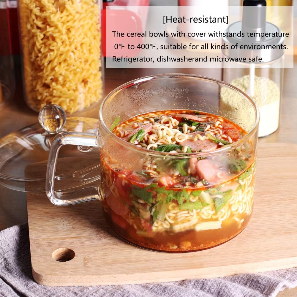  | Mini Sized Glass Pasta Noodles Bowl with Lid and Handle, 44 FL OZ/1.4L Glass Soup Bowl for Noodles, Soup, Cereals, Fruits, BPA Free, Microwave Dishwasher Oven: Soup Bowls