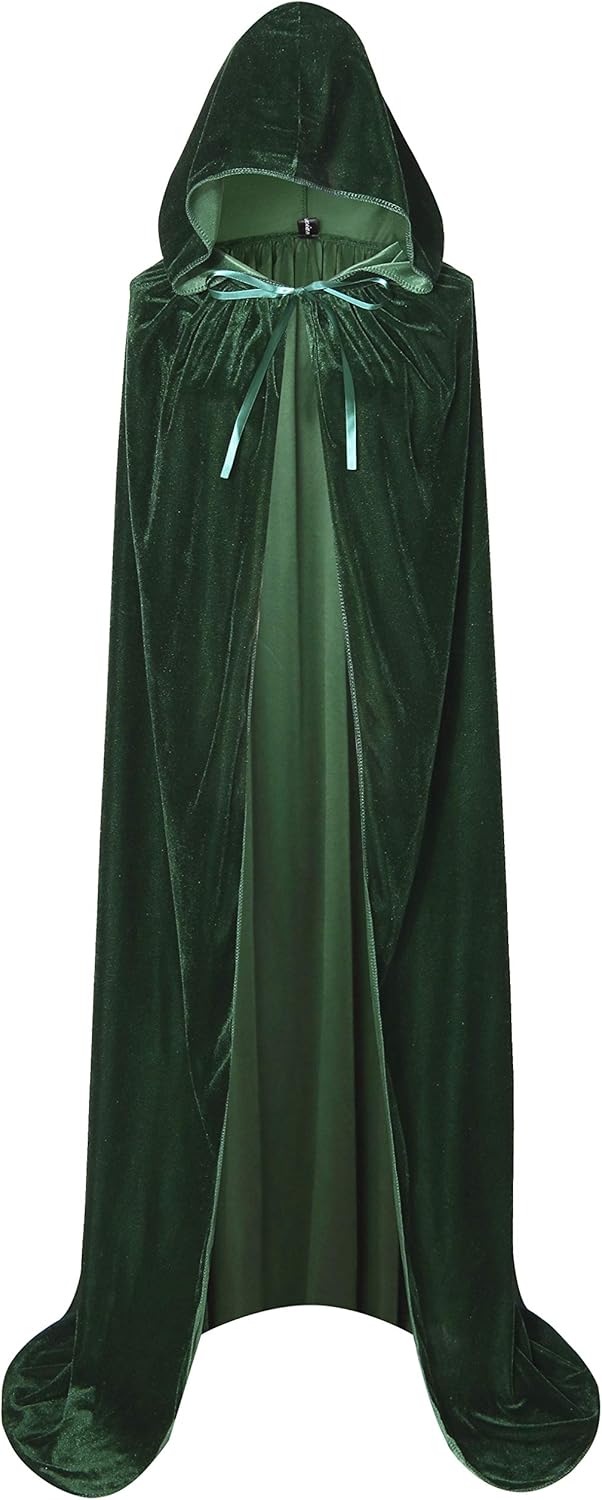 Txian Full Length Hooded Velvet Cloak Halloween Christmas Fancy Cape Costumes 59" (Green) - Image 3