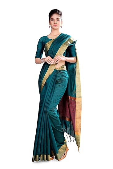 Uniform Sarees Womens Poly Cotton Saree With Blouse Piece(D.No-809/2019_DarkGreen_Silver)