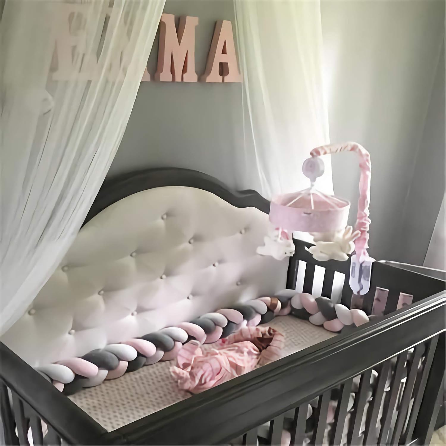 Blanc Gris Rose Pour Chambre Denfant 2 Metres Sans Danger Pour Les Tout Petits Nouveau Nes En Peluche Tebery Tour De Lit Tresse Pour Bebe La Chambre De Bebe Matelas Et Linge De