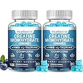 Healtionist 2 Pack 8000MG Creatine HMB Monohydrate Gummies for Men & Women,L-Carnitine, L-Taurine & Vitamin B6 12, 180 Blueberry Flavor Counts Supplement Gummies (60-Day Supply)