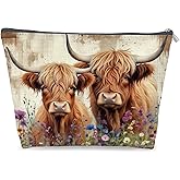 LRWHDFW Farmhouse Highland Cow Makeup Bag Gifts for Women, Rustic Cottagecore Cow Floral Cosmetic Bag, Western Country Wildflower Cattle Zipper Makeup Pouch Travel Toiletry Bag