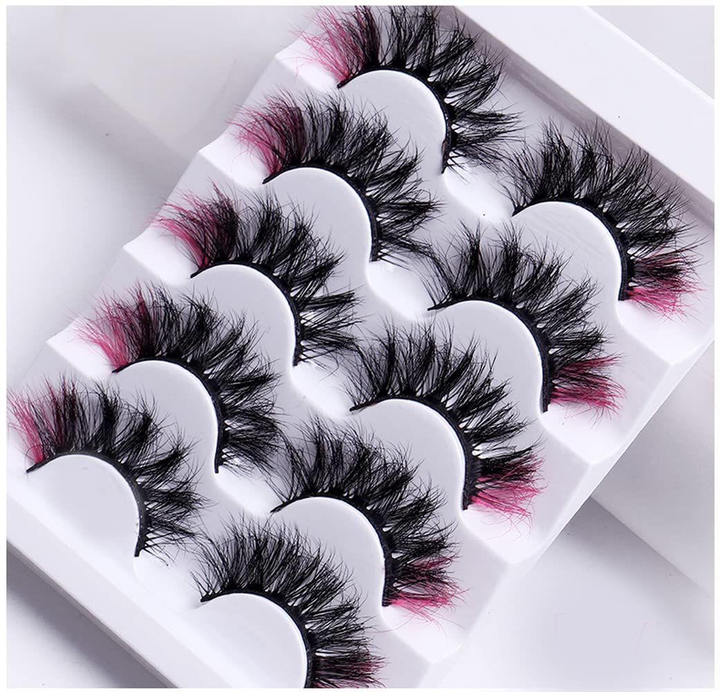 Colored Lashes, 5D False Lashes with Color Faux Mink Eyelashes Wispies Fluffy Colored Eyelashes Dramatic Strip Lashes for Christmas Cosplay Costumes Fake Eyelashes 5 Pairs Pack (Pink)