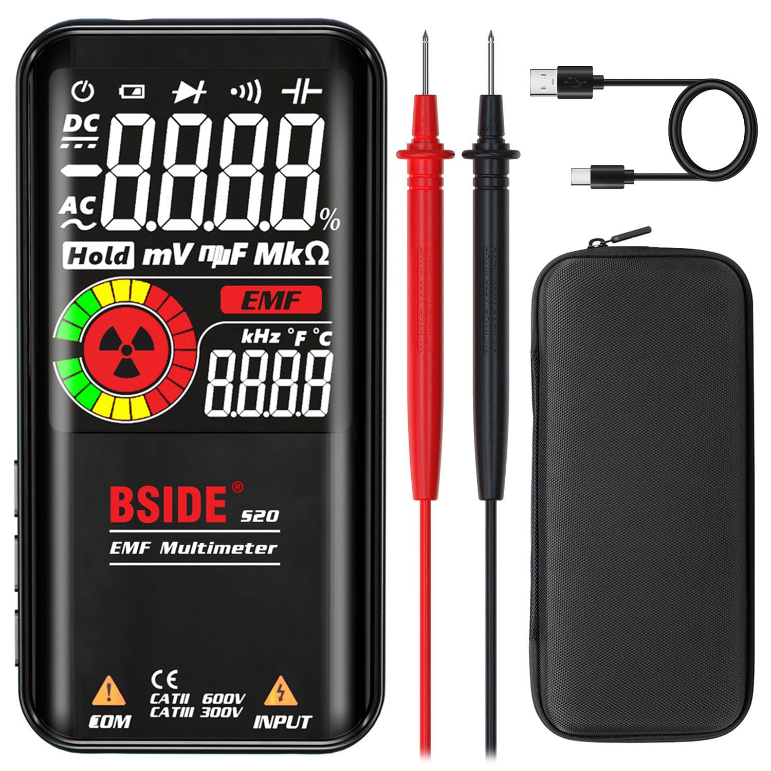 BSIDE Rechargeable Digital Multimeter, Color LCD 3 Results Display 9999 Counts Auto-Ranging EMF Detector, Capacitance Resistance Frequency Diode Live Check Voltage Tester with Protect Case, Black