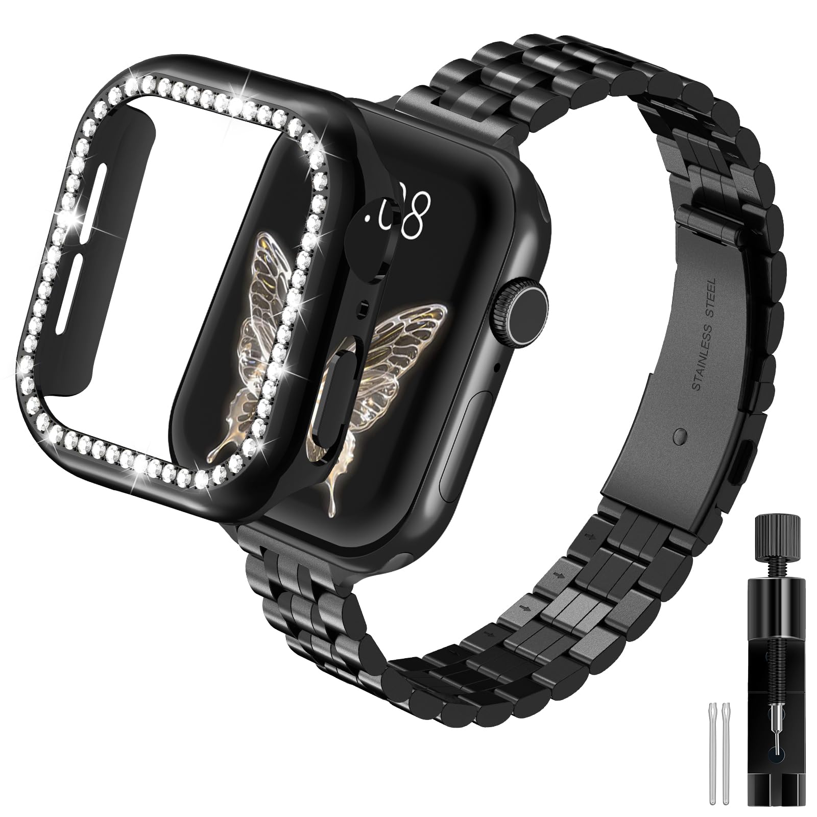 Gold Solid Stainless Steel Metal Band Compatible Apple Watch 45mm 44mm 42mm 41mm 40mm 38mm, Bling Diamond Case for iwatch Strap Bands for Women & Men Series 9 8 7 6 5 4 3 2 1 SE（46mm-Black）