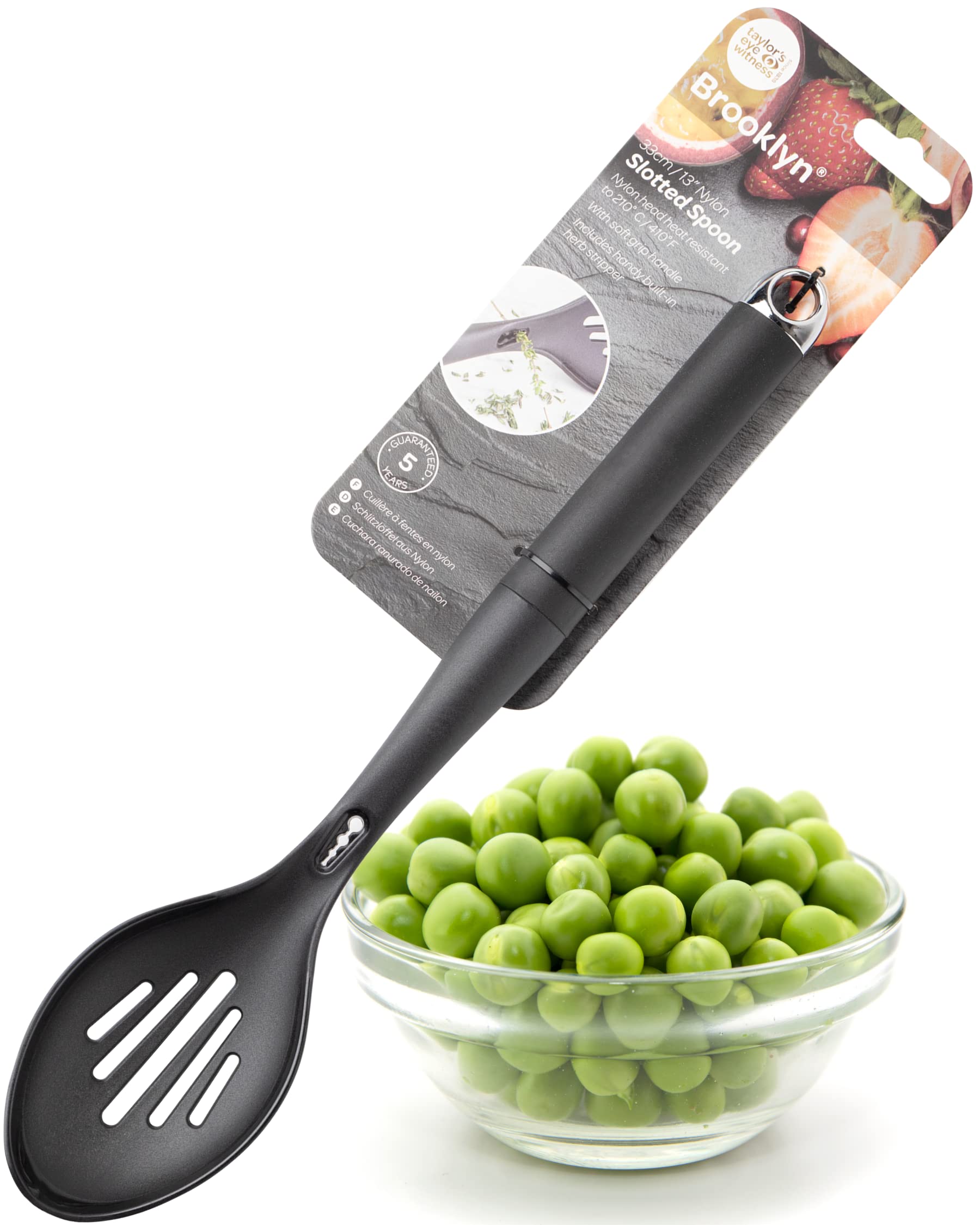 Nylon Head Slotted Spoon Utensil - Non-Scratch for Non-Stick Pans, Heat Resistant, Ergonomic Soft Grip Handle, Built in Herb Stripper, Steel Hanging Hook. 2 in 1 Kitchen Tool. 5 Year Guarantee