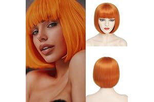 YBYMCAI Orange Bob Wig For Women Short Ginger Bob Wig With Bangs Straight Bob Bangs Wig 10 Inch Heat Resistant Synthetic Hair Natural Looking For Daily Party Use