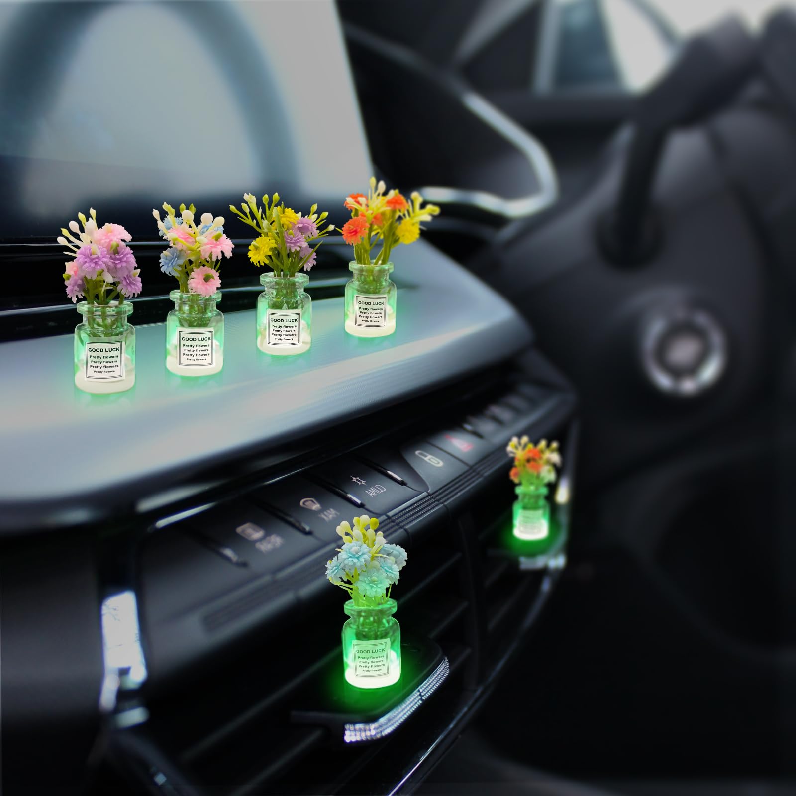 Photo 1 of 6 PCS Luminous Glass Flower Bottle Car Ornaments, Cute Flower Pots Rear View Mirror & Dashboard Decorations, Charm Automotive Accessories for Women Men