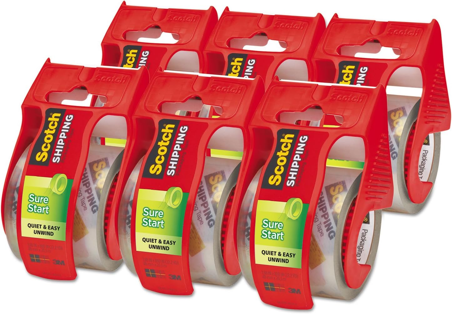 Scotch Sure Start Shipping Packaging Tape, 6 Rolls with Dispenser, 1.88" x 22.2 Yards, 2" Core, Great for Packing, Shipping & Moving, Clear (145-6) : Office Products