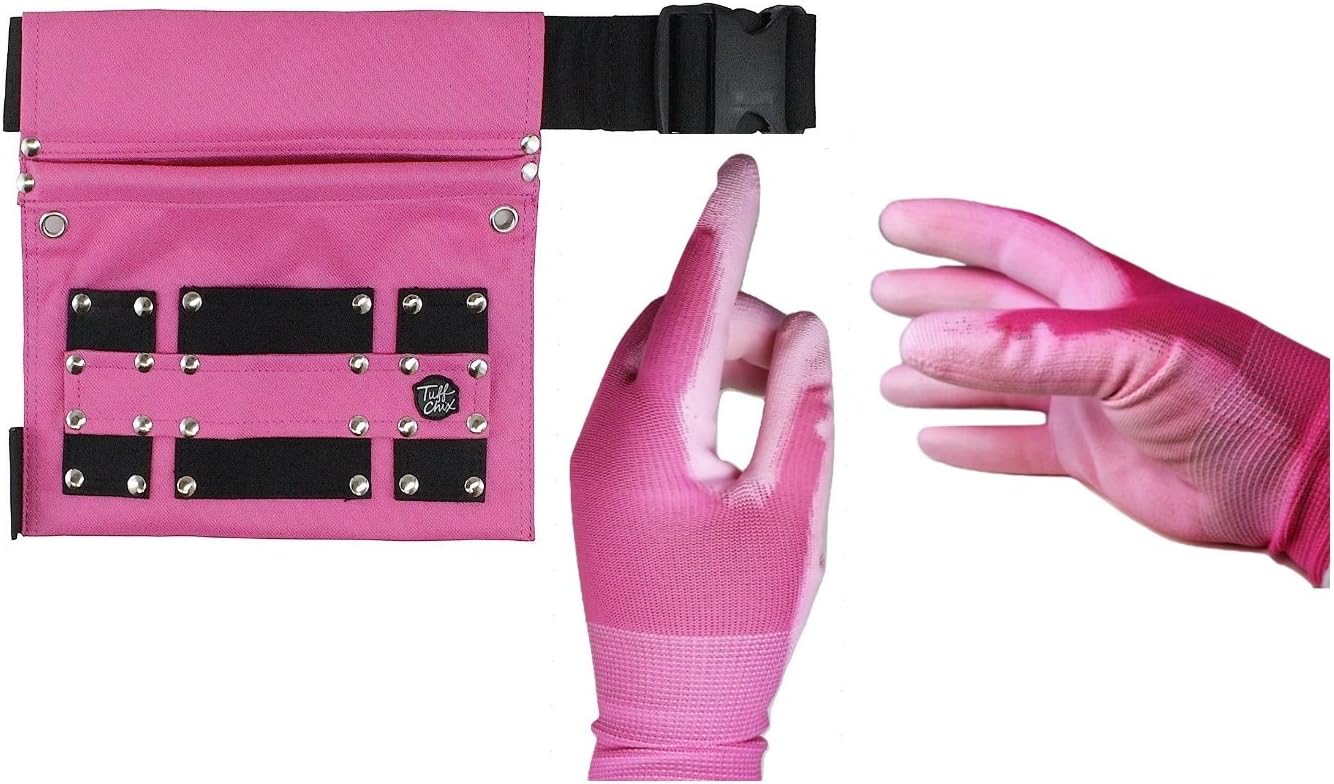 tuff chix Canvas Pink and Black Lady 2pc Set (Tool Belt & Work Gloves) with loops and pouch for Light Duty gardening carpenter work carpet. Great gift for girls female women.