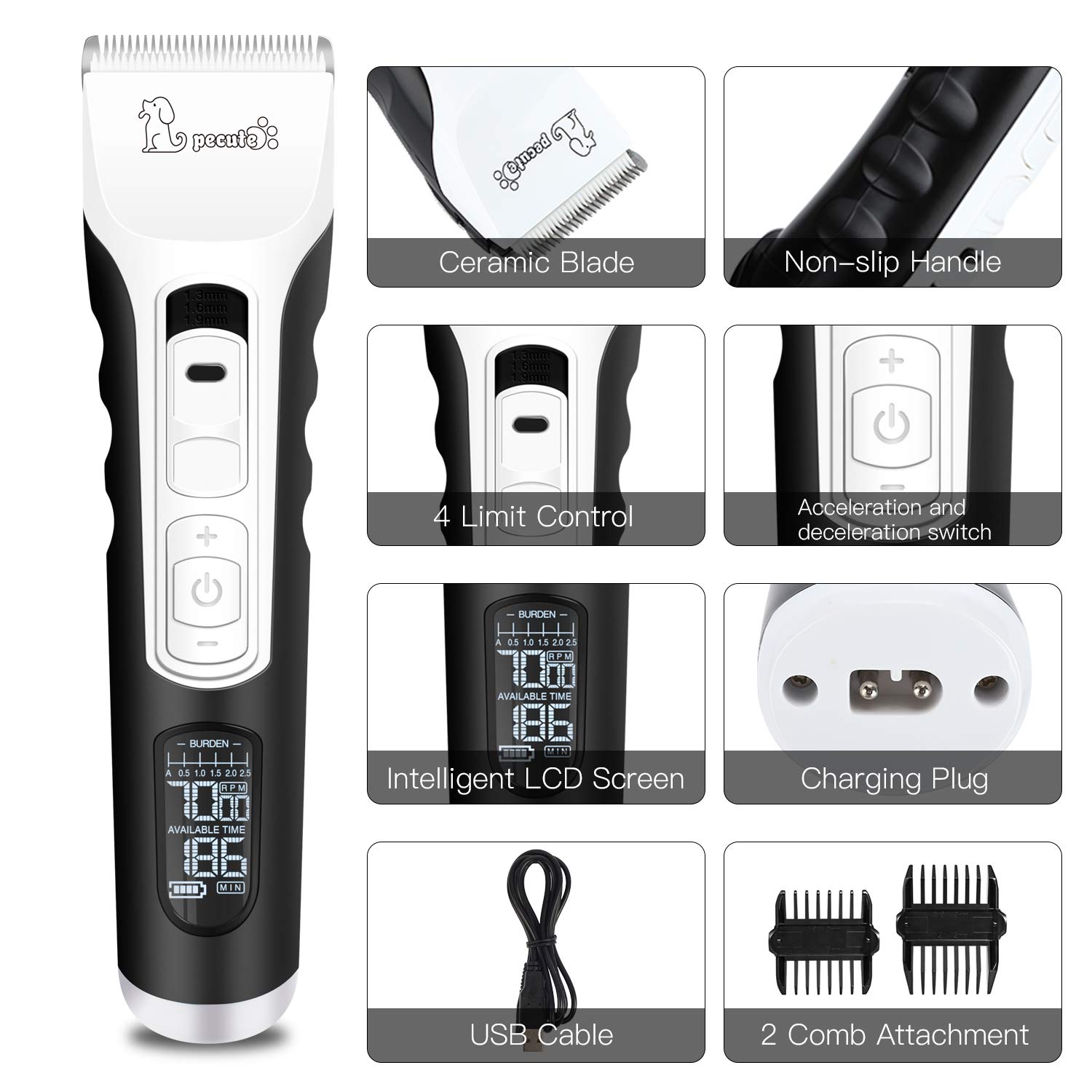 Pet Grooming Clippers for Dog Cat with 5 Speed, 4 Hour Battery Life, Ultra-High Definition LCD Display, Powerful Motor, 50db Ultra Quiet, Designed Exclusively for Pet Groomer