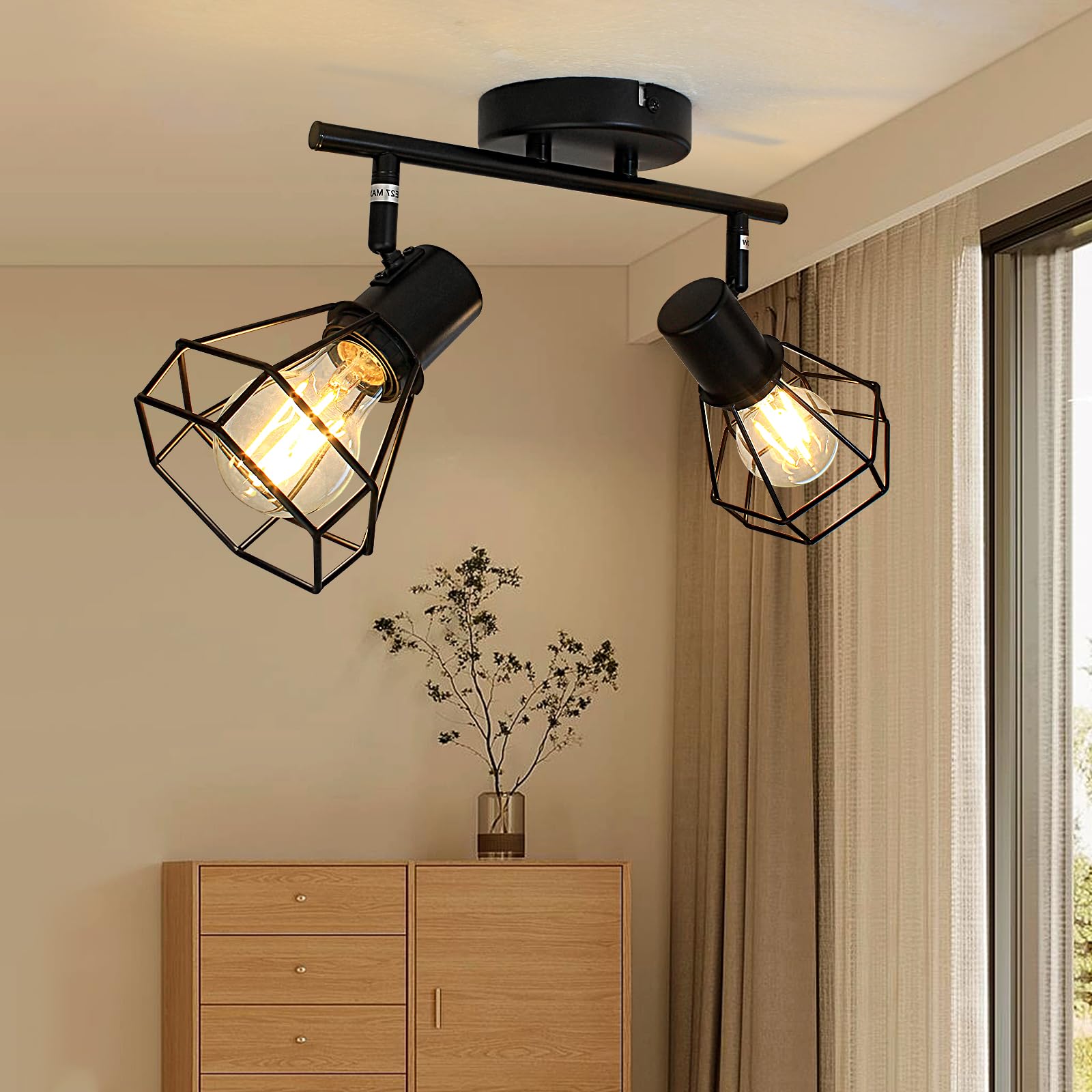 HiBay 2 Way Spot Light Fittings Ceiling, Adjustable Ceiling Spotlights Black, Industrial Light Fitting Spots Bar E27 for Kitchen Living Room Bedroom, No Bulbs