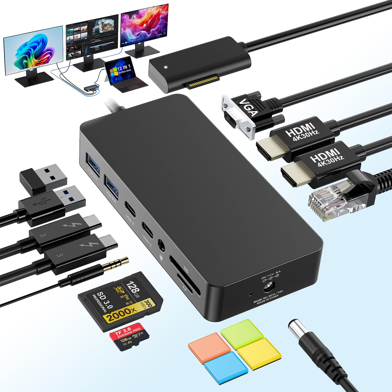 Photo 1 of 12 in 1 Microsoft Surface Dock Triple Displays Dual HDMI+VGA with Power Adapter,Surface pro Docking Station for Microsoft Surface Pro 11/10/9/8/X/7/6/5/4, Surface Laptop Go/7/6/5/4/3/2/1,Surface Book