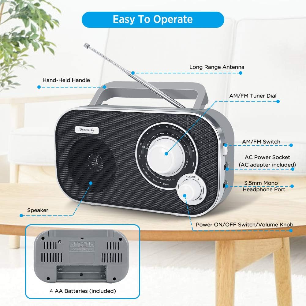 DreamSky Portable AM FM Radio with Great Reception, Battery Operated Radio AC Outlet Powered Radios with Headphone Jack, Handheld Transistor Radios Small Gifts for Seniors Emergency, Indoor Outdoor: Home Audio & Theater