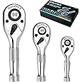 DURATECH 3PCS Stubby Ratchet Wrench Set, 90-Tooth 1/4" 3/8" 1/2" Drive Socket Wrench, Mini Small Ratchet with CR-MO Head, Quick-Release & Reversible Design, Full Polished, EVA Organizer