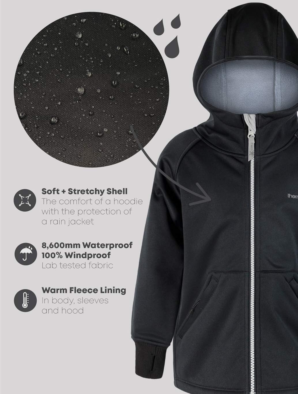 Therm Boys Rain Jacket, Ultra-Soft Kids Raincoat - Waterproof, Fleece Lined Coat: Clothing