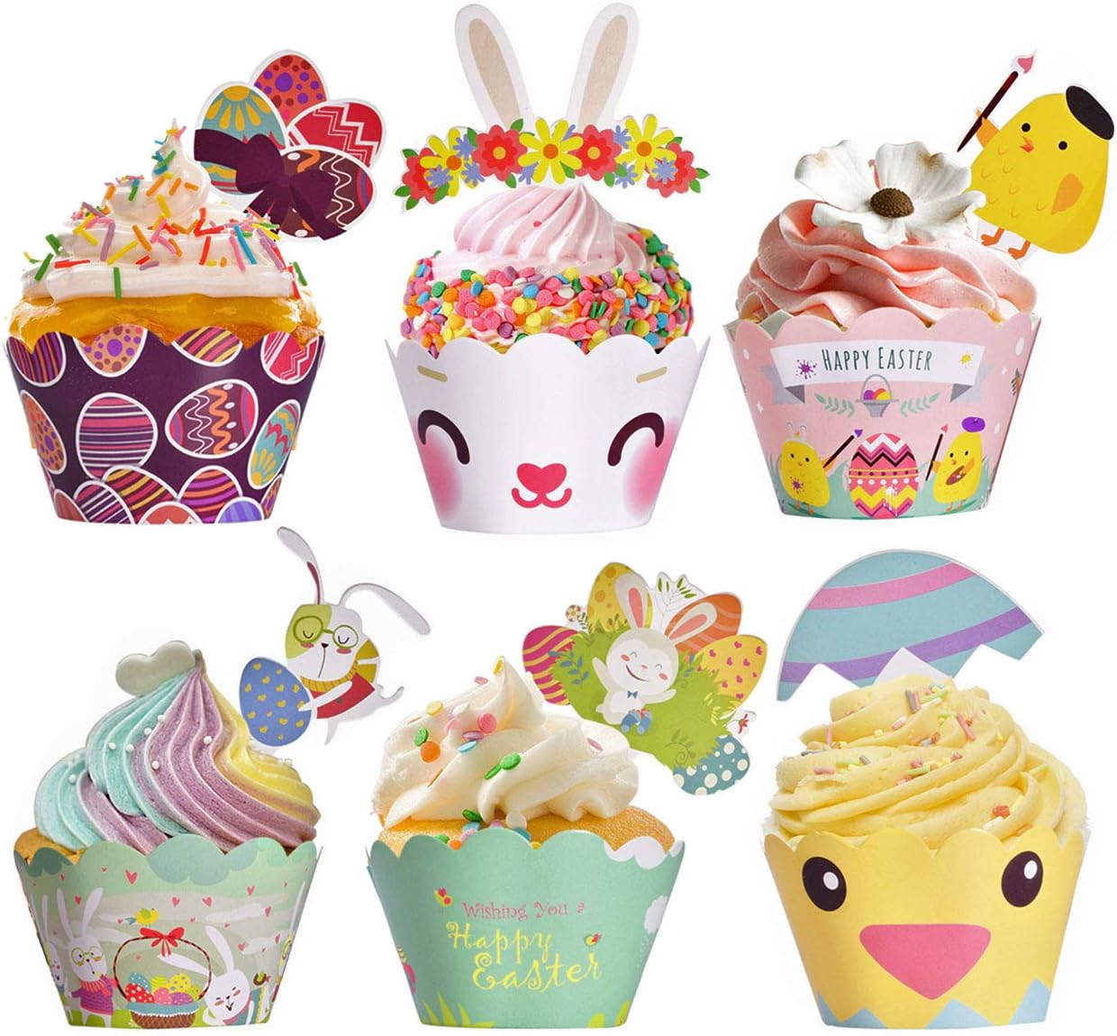 Easter Cupcake Wrappers Toppers Liners Decorations Kit Bunny Paper Baking Party Supplies 48Pcs Easter Rabbit Egg Themed