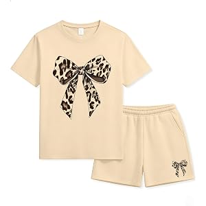 AMWIPE Girls 2 Piece Lounge Set Girls' Clothing Sets | Leopard Bow Print Summer Outfits Casual T-Shirt Shorts Set Elastic Wai