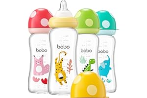 YOHKOH Natural Glass Baby Bottle with Level 2 Medium Flow Nipple, Newborn Anti-Colic Baby Bottles, Wide Neck Mushroom Baby Glass Bottle (8.8ounce (Pack of 4), Multicolour2)