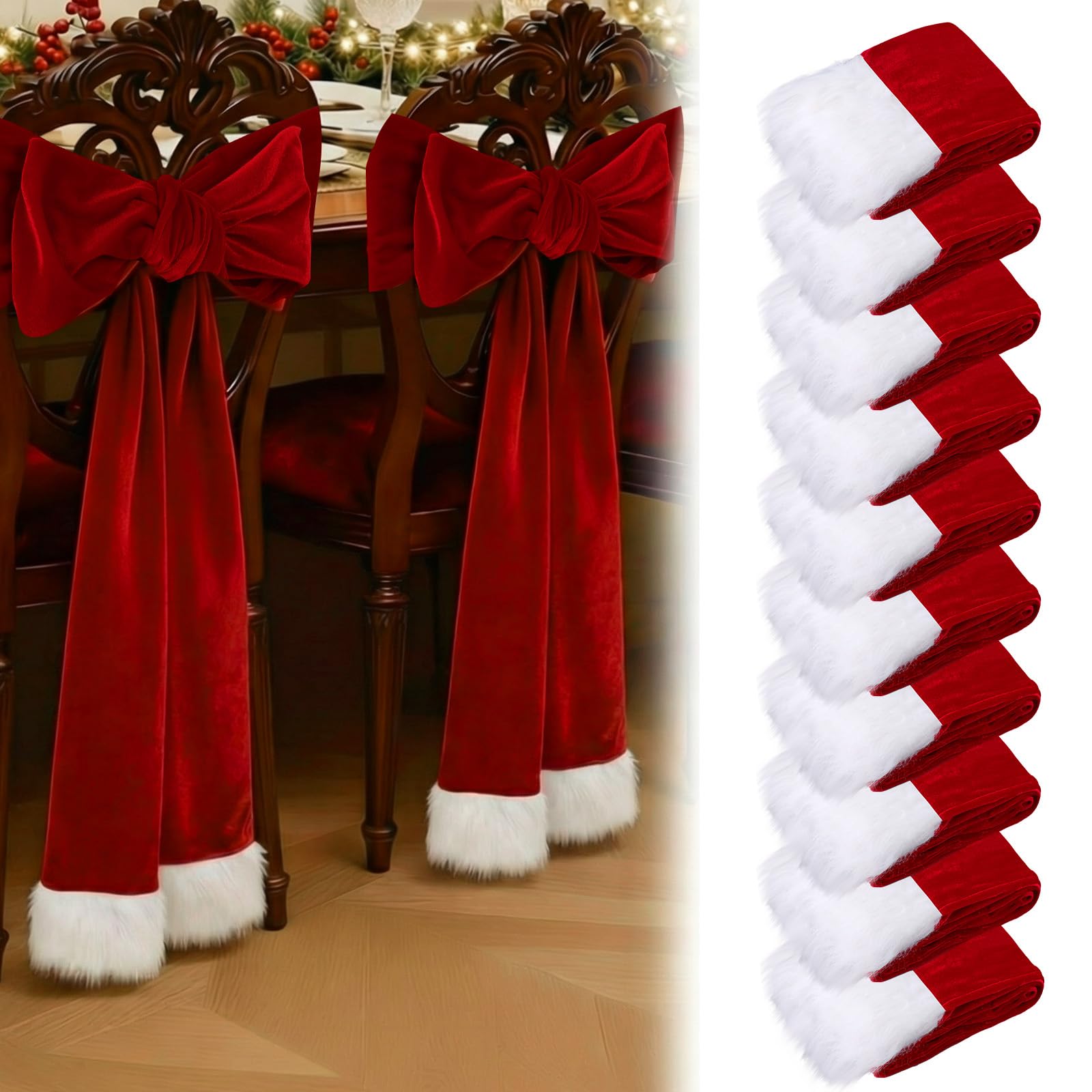 View 1 of ***MISSING TWO*** Thyle 10 Pcs Christmas Burgundy Red Velvet Chair Sashes 6 x 108 Inch Large Red Bows Chair Cover with White Fluff Decoration for Xmas Wedding Event Holiday Banquet Party