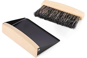 OAKART Mini Metal Dustpan and Brush Set for Sweeping Crumbs Fireplace, Natural Table Sweeper Combo Black Horsehair