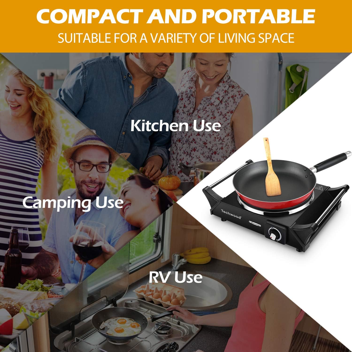 Techwood Hot Plate Portable Electric Stove 1500W Countertop Single Burner with Adjustable Temperature & Stay Cool Handles, 7.5” Cooktop for Dorm Office/Home/Camp, Compatible for All Cookwares: Kitchen & Dining