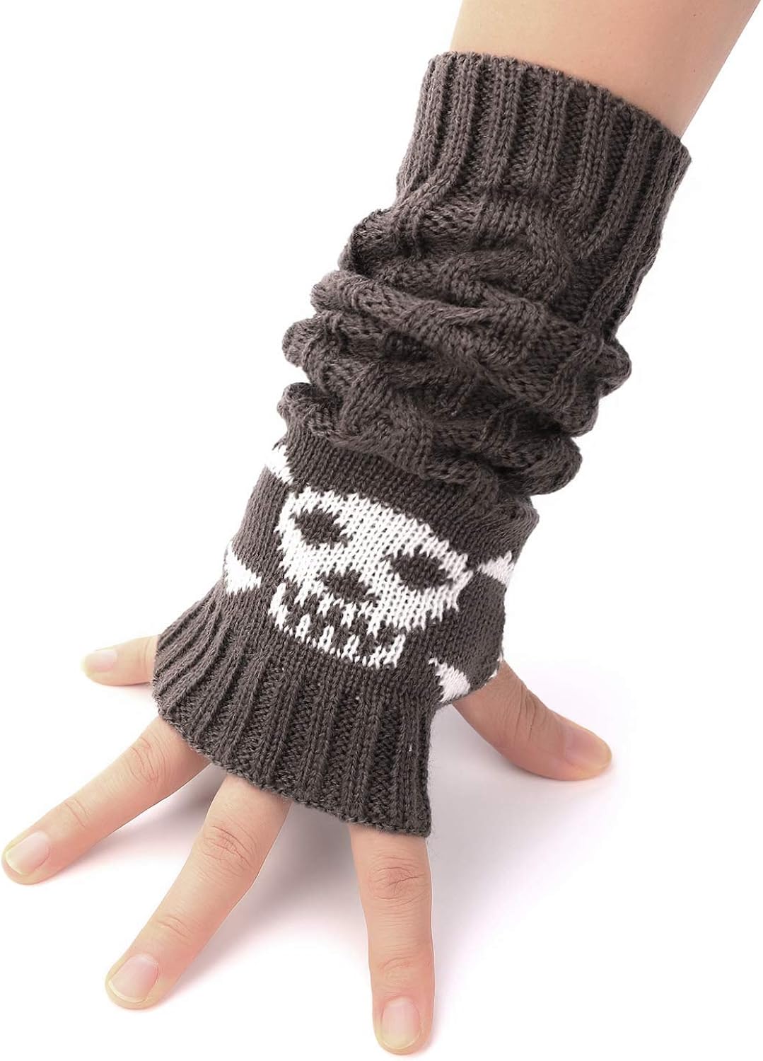 Flammi Women’s Cable Knit Fingerless Gloves Arm Warmers with Crossbones Jacquard Skull Thumbhole Mittens (Dark Grey) at  Women’s Clothing store