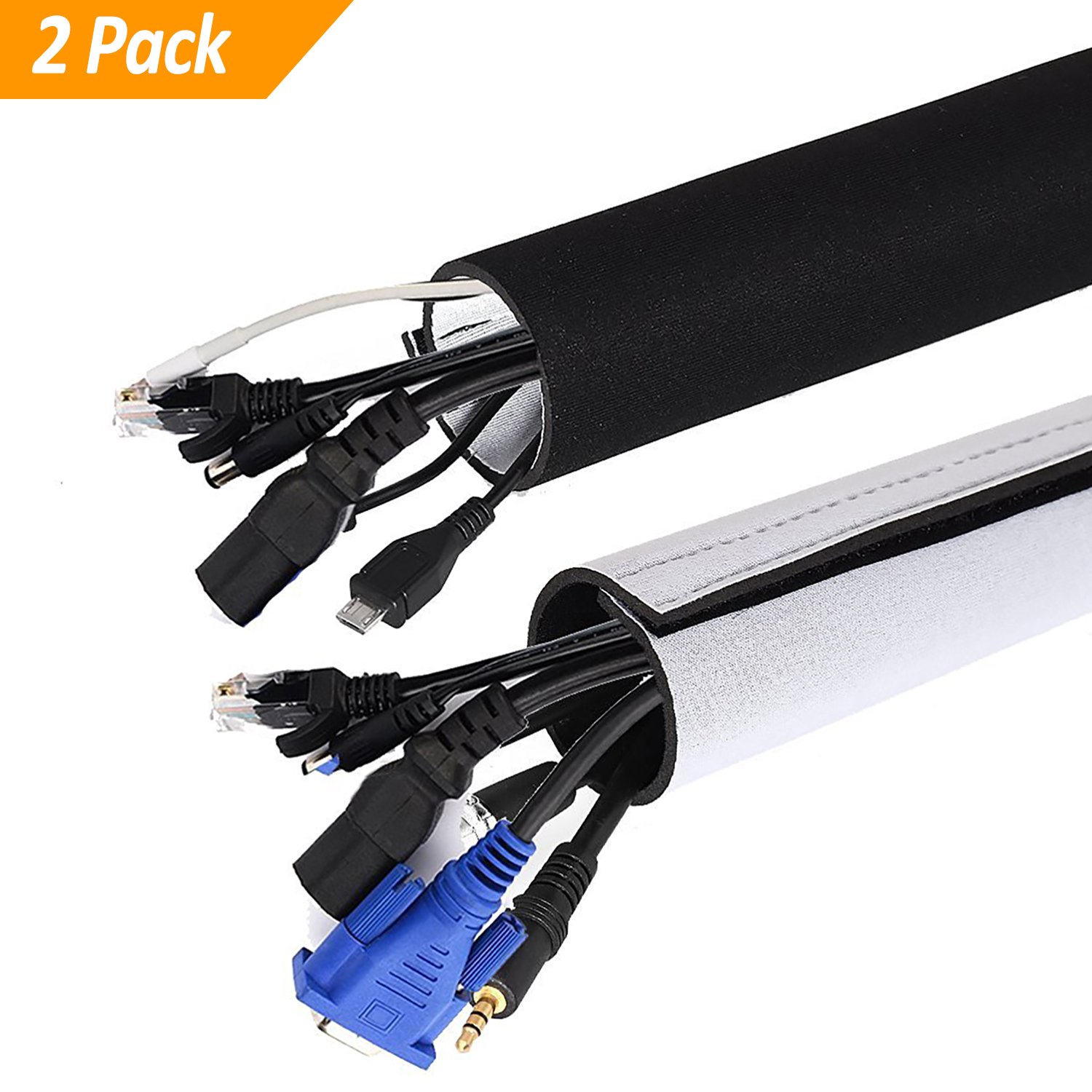 Homga 120 inch Cable Organizer Sleeve, Cord Organizer Adjustable Cable Sleeve, Cable Management Sleeve, Black and White Flexible Neoprene Cable Organizer