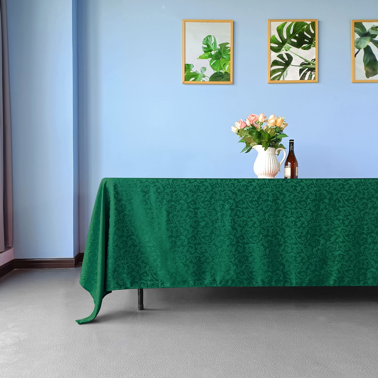 WedDecor 70" x 144" Rectangle Damask Tablecloth Scrolled Leaves Pattern Seamless Circular Linen Table Cover For Restaurant, Dining, Weddings & Events Table Decorations, Green, 1pc