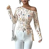 Floerns Women's Floral Long Sleeve T Shirts Off The Shoulder Dressy Casual Fall Outfit Boho Tops