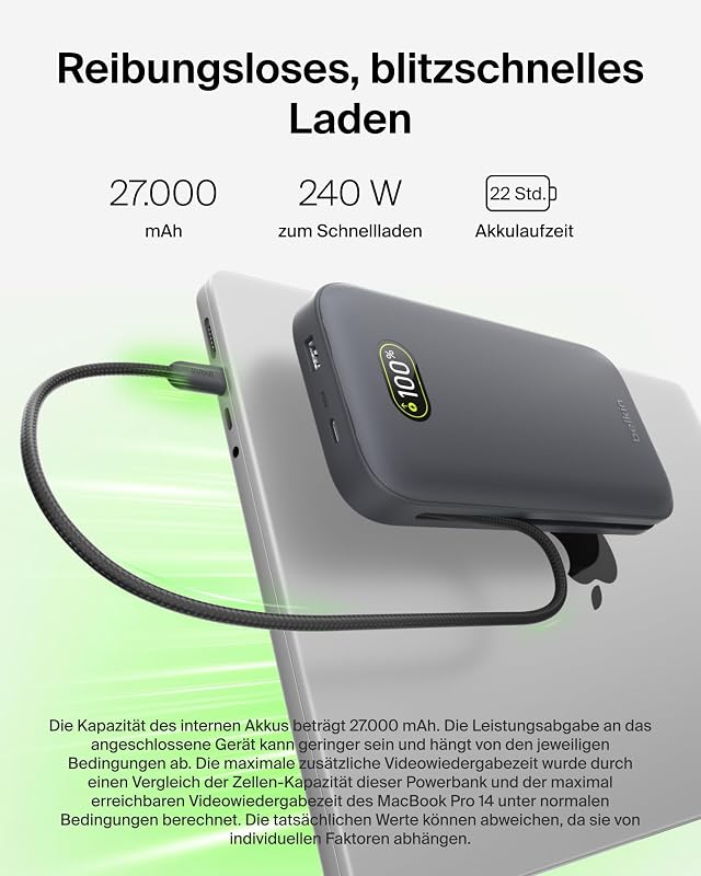 UltraCharge Pro Powerbank 27000mAh, Power Bank mit Integriertem USB-C-Kabel, 240W USB-C PD, Akkupack mit Schnellladefunktion für MacBook Pro, iPhone, iPad, Galaxy, Pixel usw. – Anthrazit