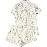 MakeMeChic Women's 2 Piece Floral Pajama Set Short Sleeve Button Down Shirt and Shorts Cute Sleepwear