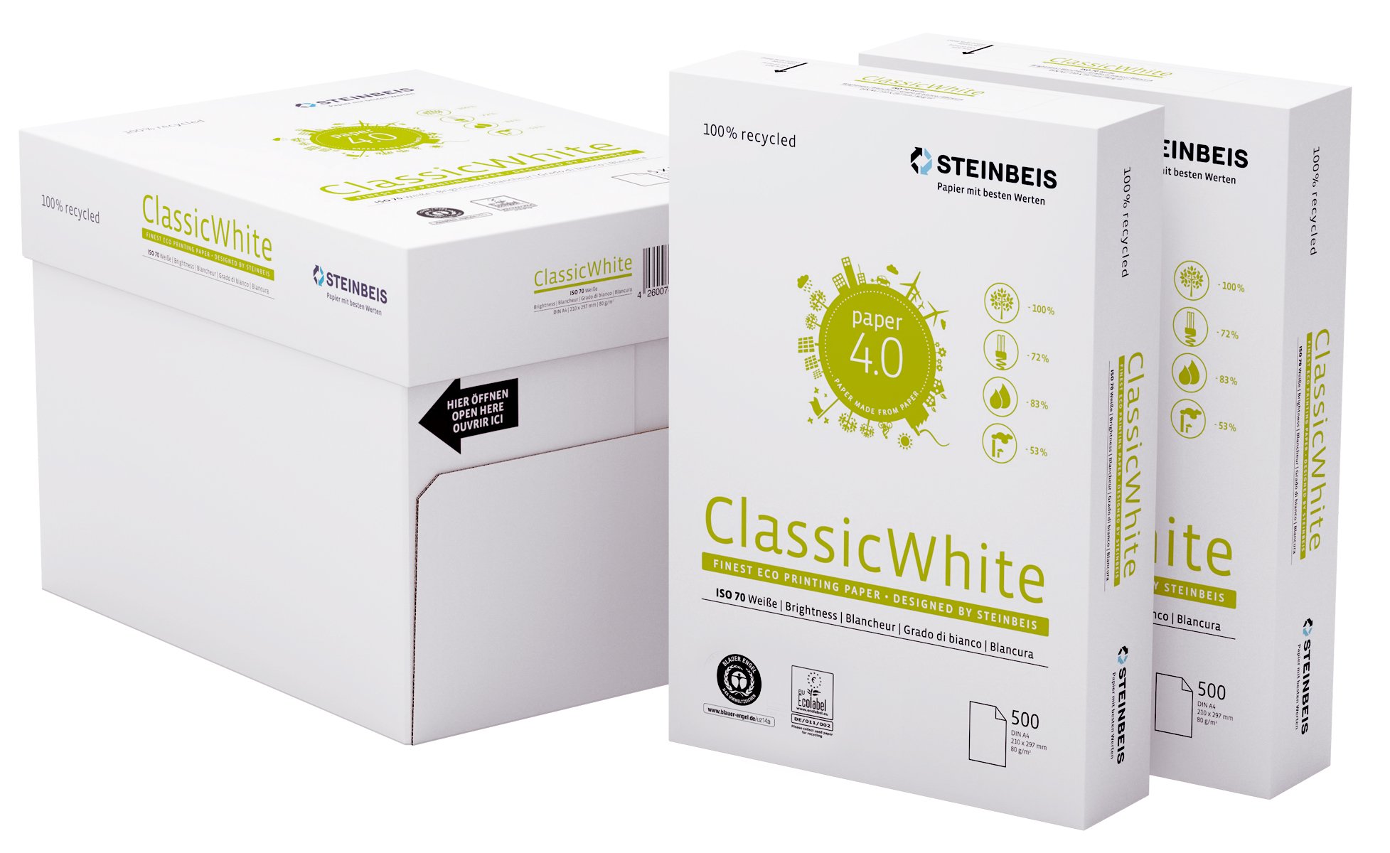 Steinbeis ClassicWhite DIN A4, 5 x 500 Sheets, White, Multifunctional Paper, 80g / m²