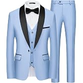 WULFUL Men's 3 Piece Tuxedo Slim Fit Suits for Men One Button Jacket Vest Pants Suit Set for Prom, Wedding