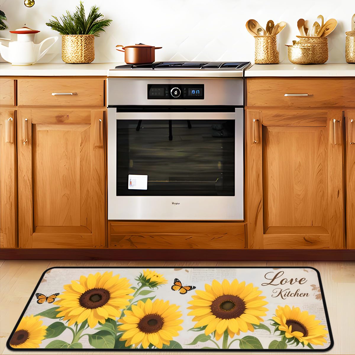 Photo 1 of **DIRT**PARIZDIY Sunflowers Kitchen Rugs Vintage Kitchen Mats for Floor,Non-Slip Laundry Room Rug,Washable,Anti-Fatigue,Quick-Dry,Absorbent Mat for Sink, Pantry, Coffee Bar,Laundry,Front Door,17''x51''