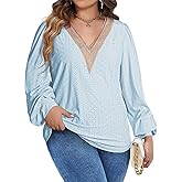 Eytino Womens Plus Size Tops Lantern Long Sleeve Lace V Neck Dressy Casual Blouse Loose Tunic Shirts(1X-5X)