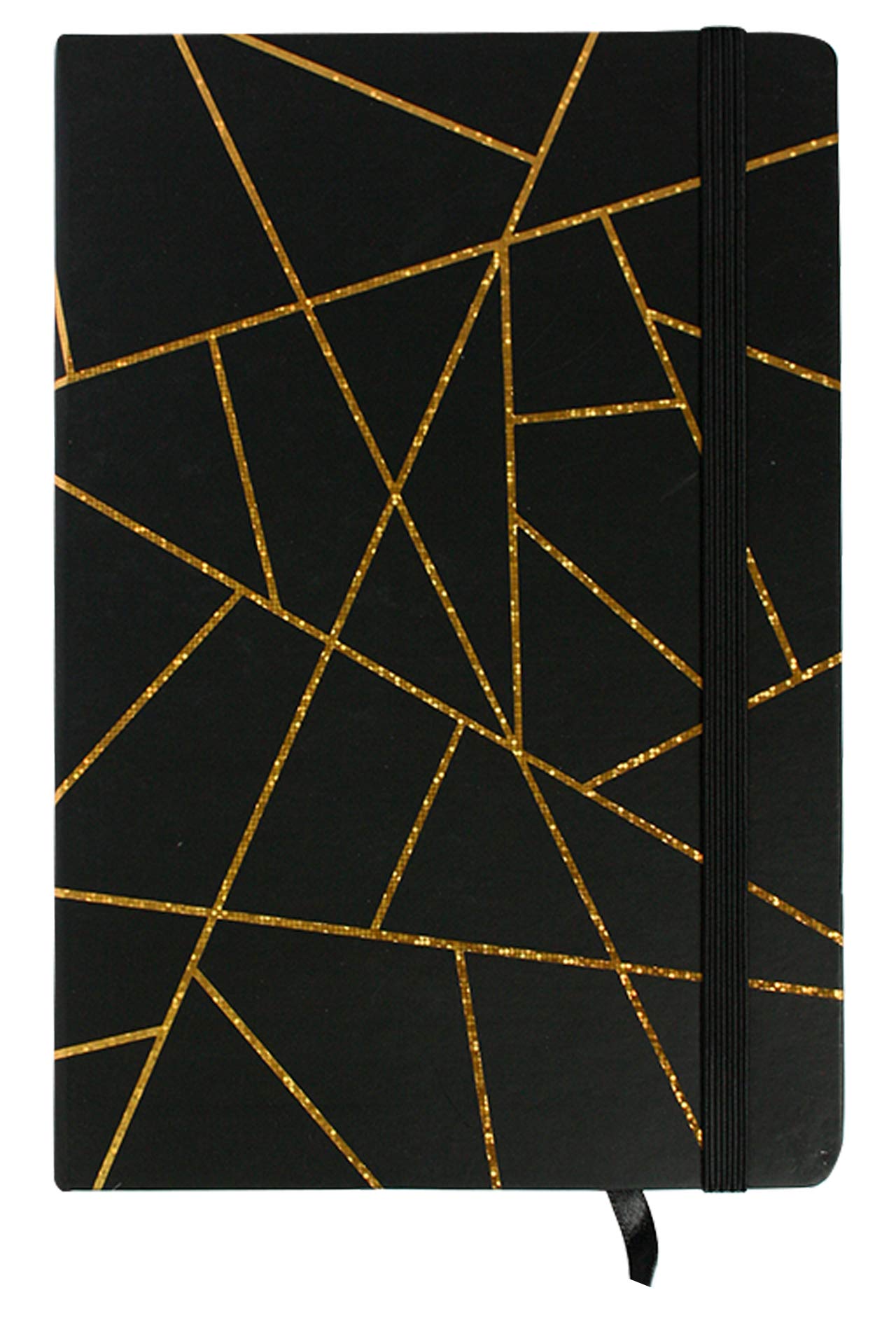 Emartbuy Geometric Marble Hard Cover Exercise Book Diary Notebook Notepad Writing Journal Ruled A5 Size 96 Sheets (192 Pages) - Black/Gold