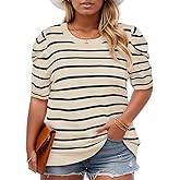 Beautife Womens Plus Size Short Puff Sleeve Sweater Tops Lightweight Striped T Shirts Summer Casual Crew Neck Knit Pullover Beige
