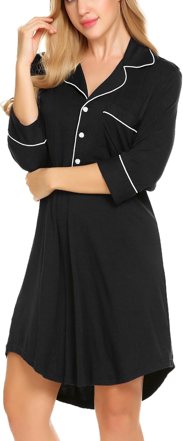 Ekouaer Nightgown Button Down Nightshirt 3/4 Sleeve &Half Sleeve Pajama Top Boyfriend Sleepshirt Nightdress for Women at  Women’s Clothing store