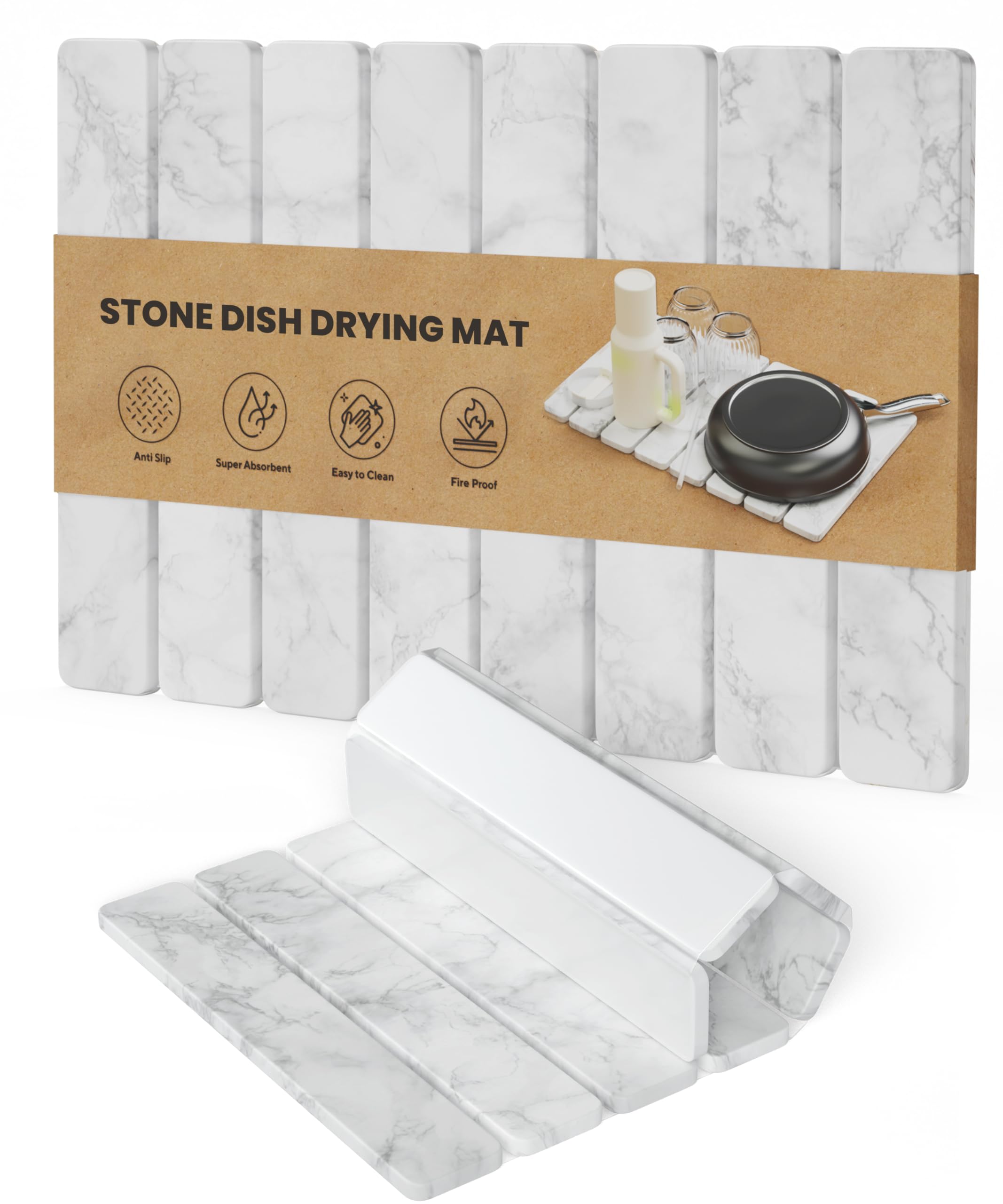 Photo 1 of CHROME CLUB Stone Drying Mat for Kitchen Counter - Collapsible Diatomaceous Earth Dish Drying Stone - Fast Absorbent Stone Dish Drying Mat for Dishes and Pots (White Marble)