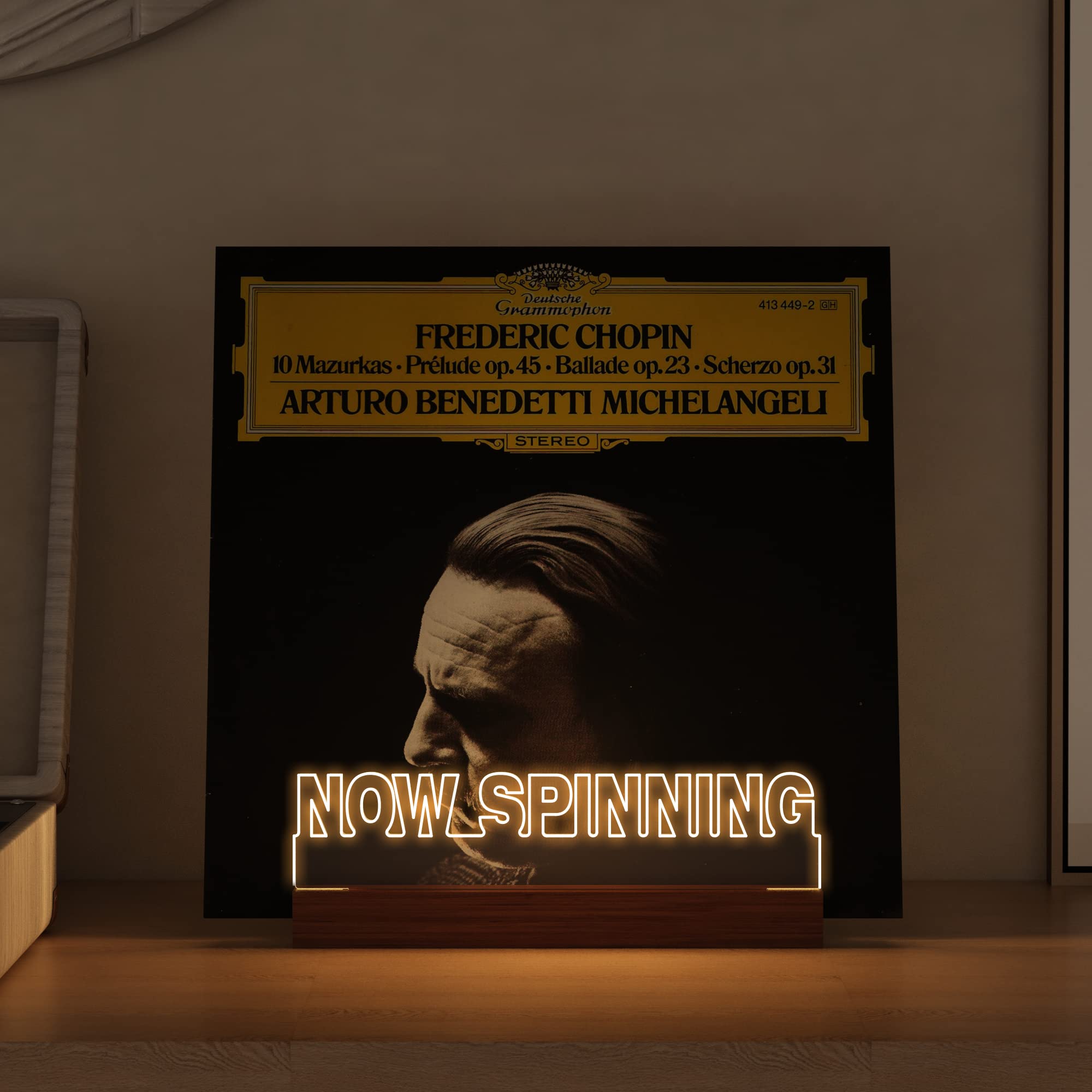 Ammonite Light up Now Spinning Vinyl Record Stand, Now Playing Record Stand, Wooden Acrylic Holder for Vinyl Album Display and Storage Warm White Color Lights, Vinyl Record LED Collection Holder