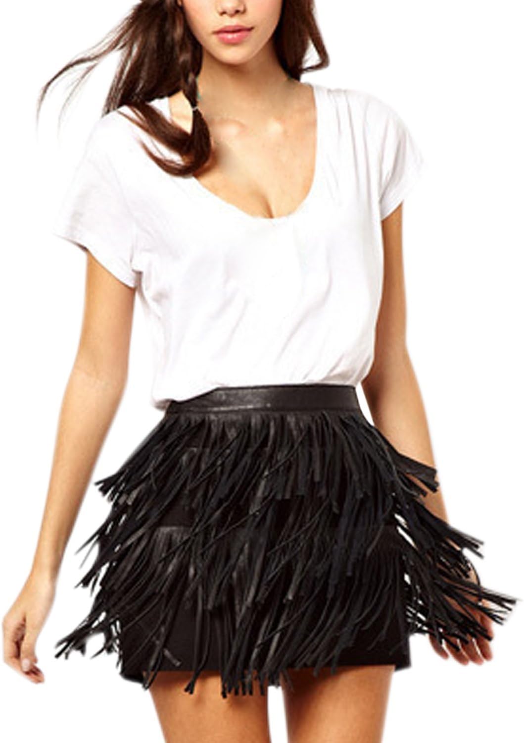 MisscatWomnen's Leather Mini Skirt with Tassel Black Skinny Latin Dance Swing Dress
