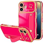 LLZ.COQUE for iPhone 16 Plus Case for Women Girls with Strap, Wave Frame Cute Love-Heart Plating Bling Stand Cover, Raised Full Camera Soft Silicone Protective Phone Case for iPhone 16 Plus, Hot Pink