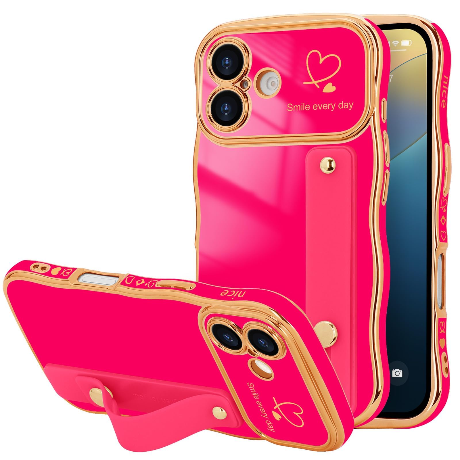 LLZ.COQUE for iPhone 16 Case for Women Girls with Strap, Wave Frame Cute Love-Heart Plating Luxury Bling Stand Cover, Raised Full Camera Soft Silicone Protective Phone Case for iPhone 16, Hot Pink