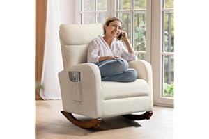 AVAWING Glider Rocking Chair, Upholstered Rocker for Nursery with Solid Legs and Side Pockets, High Back Armchair for Living Room & Bedroom (Beige)