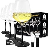MIAMIO Premium Crystal Wine Glasses, Set of 4 with Black Long Stem, Unique Crystaluna Collection