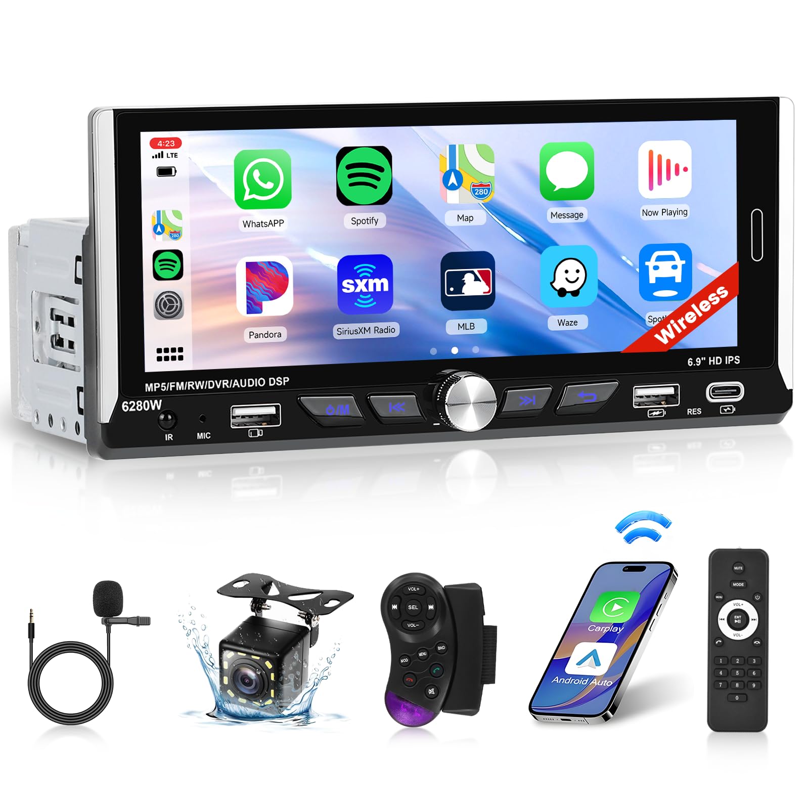 Newest 6.9 Inch Single Din Radio Stereo Wireless Apple Carplay Android Auto,1280 * 480 Touchscreen Stereo with Voice Control Bluetooth 5.0 MirrorLink Backup Came SWC FM 2 USB Type C EQ